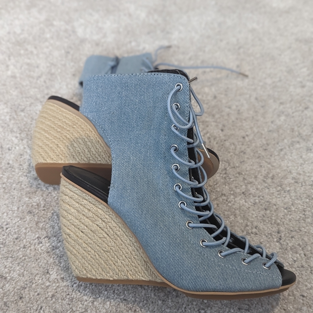 Denim Lace-Up Wedge Sandals